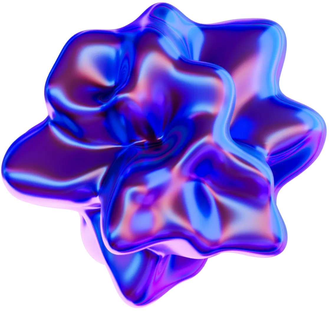 A smooth, abstract shape with a glossy surface in vibrant blue and purple hues. The form has fluid, organic curves and is set against a transparent background, highlighting its reflective qualities.