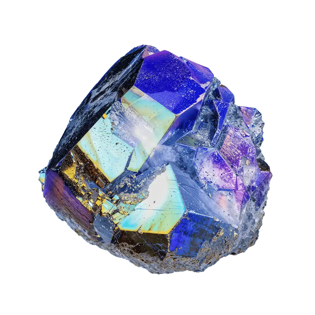 A vibrant, iridescent crystal cluster with a mix of deep blue, purple, and golden hues, featuring sharp, angular facets and a textured surface. The crystal is set against a plain white background, highlighting its vivid colors and intricate details.