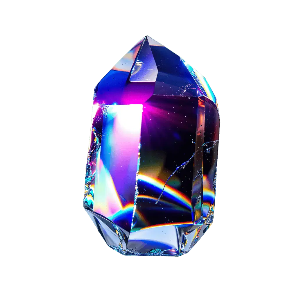 A clear, multifaceted crystal with a prism effect, displaying vivid colors like purple, blue, and rainbow hues. The crystal has sharp, angular edges and is set against a plain background, emphasizing its reflective and refractive qualities.