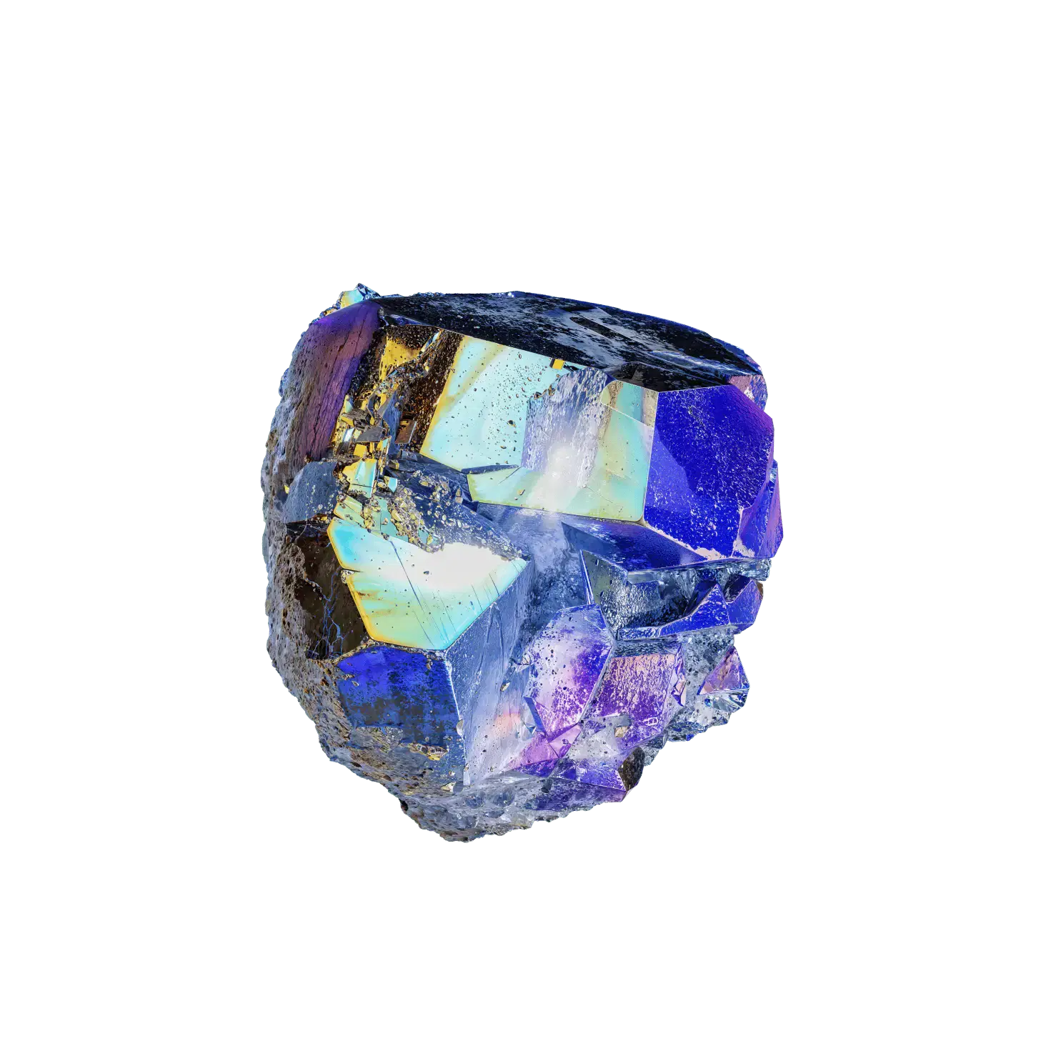 A vibrant crystal cluster with iridescent blue, purple, and golden tones, featuring angular facets and a rough texture. The crystal is set against a plain background, highlighting its colorful and intricate details.