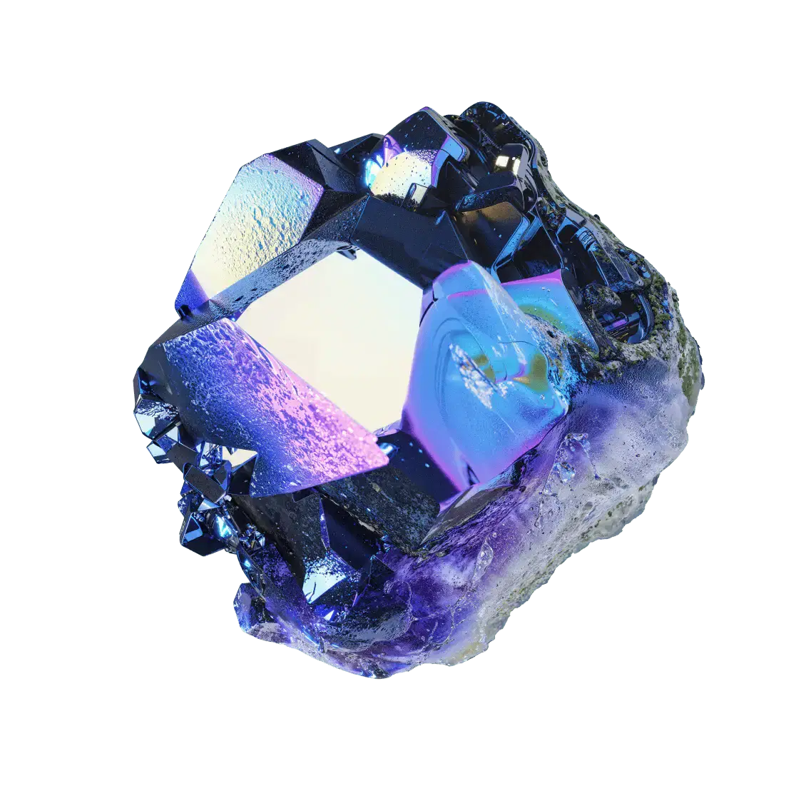 A striking crystal formation with iridescent blue and purple hues, featuring sharp, angular facets. The crystal is set against a plain background, emphasizing its vivid colors and intricate textures.