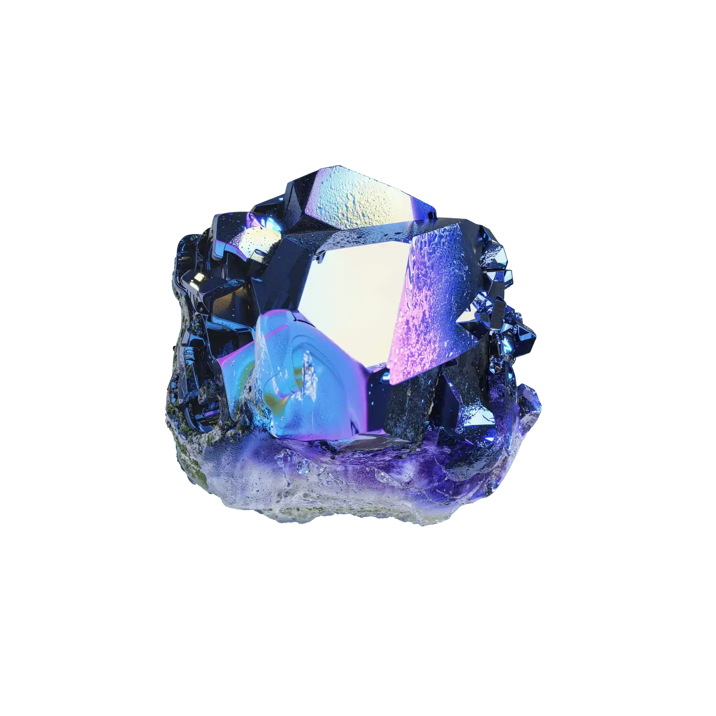 A luminous crystal with iridescent blue and purple shades, featuring sharp, angular facets and a textured surface. The crystal is set against a plain background, showcasing its vibrant colors and intricate details.